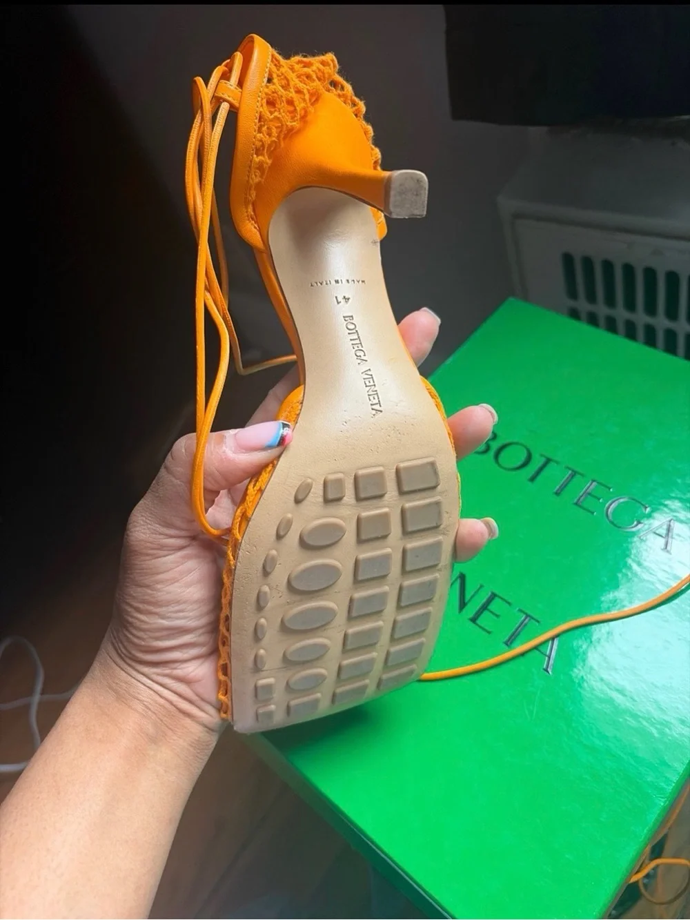 Bottega Veneta Orange Mesh Lace-Up Square-Toe Heels - Picture 3 of 6